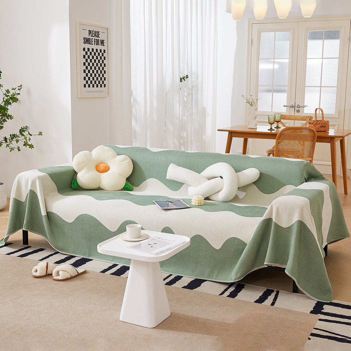 Chenille Minimalist Wavy Sofa Throw Cover, Cozy Blankets for Couch, Machine Washable Couch Protector