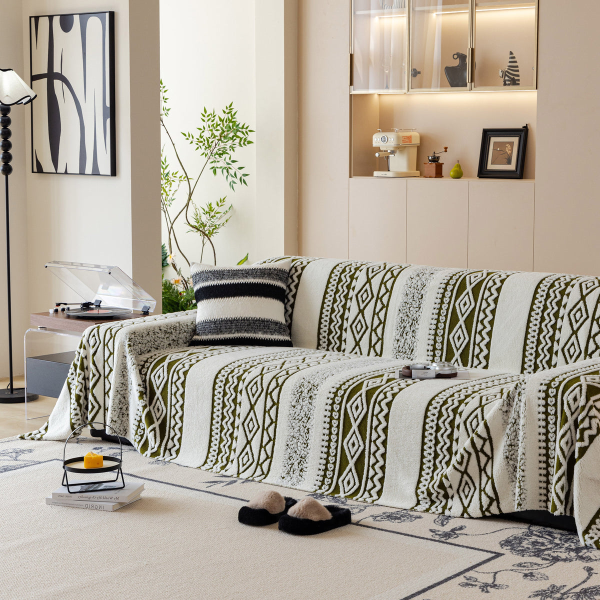 Bohemian Tufted Sofa Cover, Plush Fleece Throw Blanket with 3D Woven Aztec Stripes