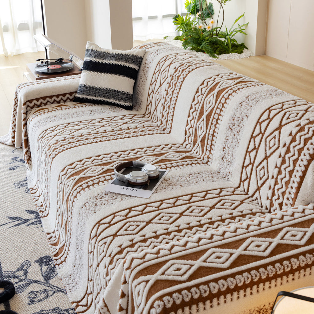 Bohemian Tufted Sofa Cover, Plush Fleece Throw Blanket with 3D Woven Aztec Stripes