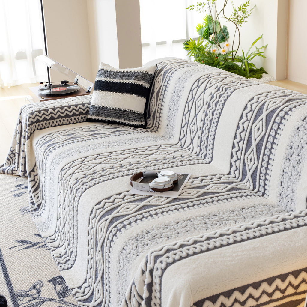 Bohemian Tufted Sofa Cover, Plush Fleece Throw Blanket with 3D Woven Aztec Stripes