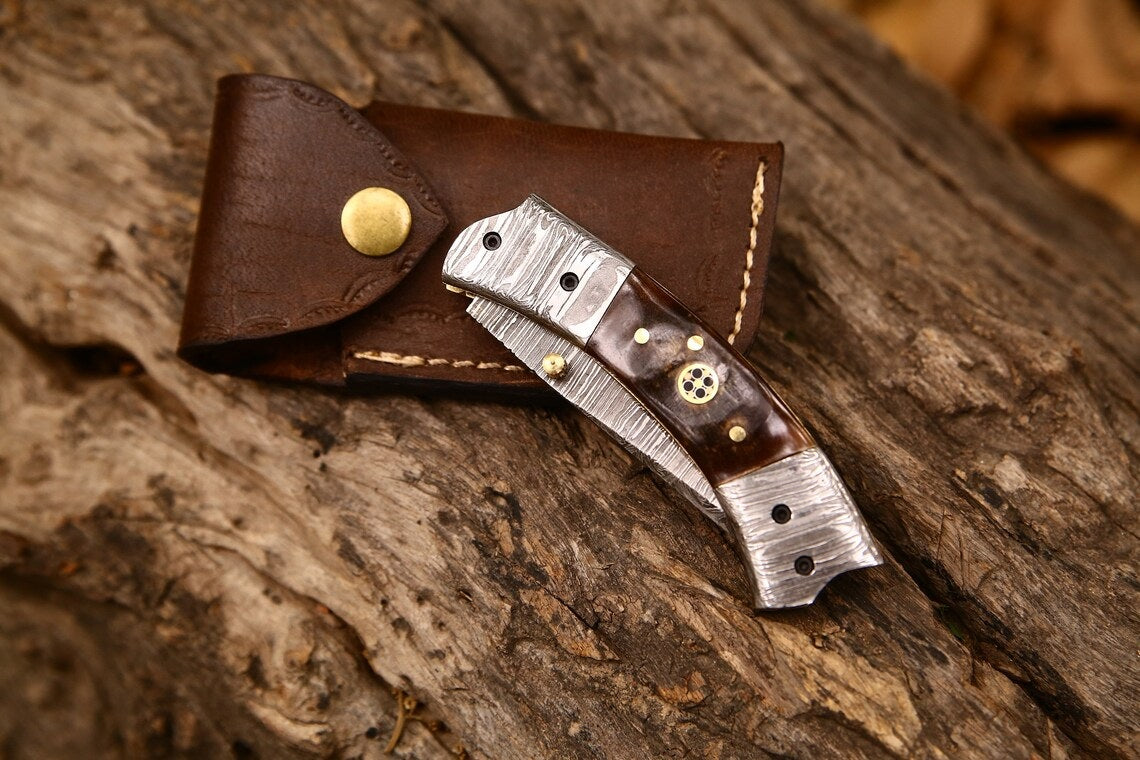 Custom Handmade Damascus Steel EDC Folding Pocket Knife – 3-Inch Blade, Sheep Horn Handle, Leather Case – Perfect Wedding Gift by KBS Knives
