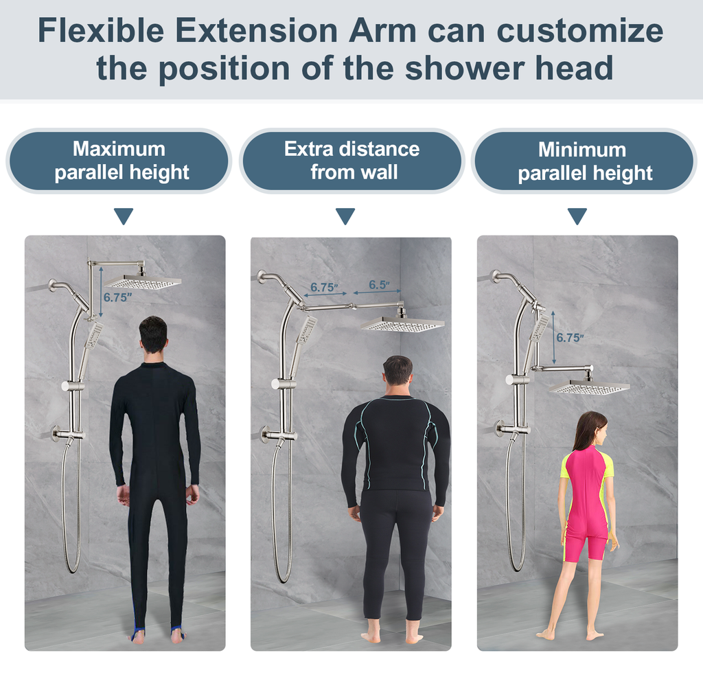 Rainfall Shower Head with Handheld Set-Solid Brass Slide Bar,Holder, Extension Arm and 60" Hose