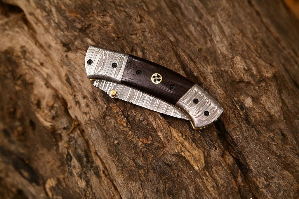 Custom Handmade Damascus Steel Tanto Blade EDC Folding Pocket Knife | 3-Inch Blade, Wenge Wood Handle, Leather Case | Groomsman Gift
