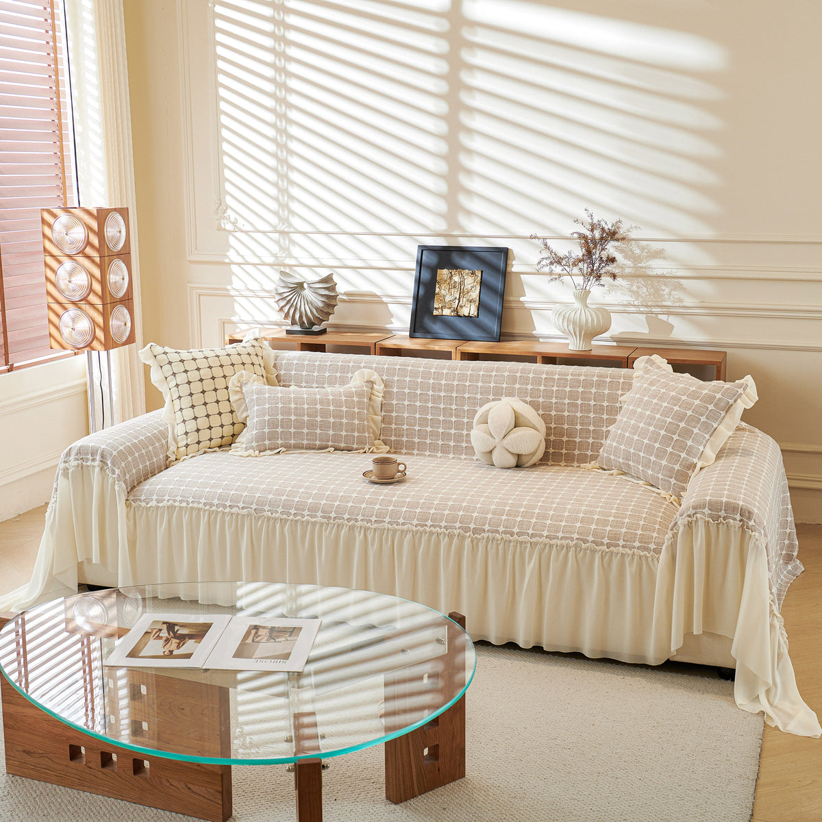 Grid Textured Sofa Cover with Sheer Ruffle Skirt, Pet-Friendly Sofa Throw Slipcover
