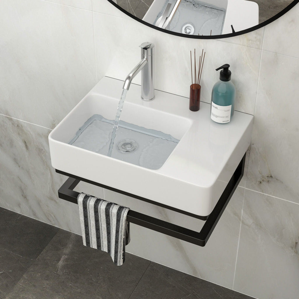 Wall Mounted Rectangular Bathroom Sink With Towel Bar And Faucet Hole - White