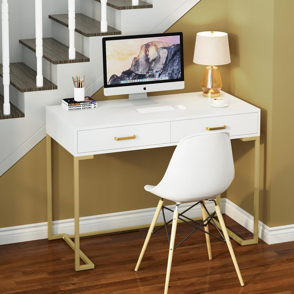 Minimalist Home Office Computer Desk With 2 Drawers, Compact Writing Table For Small Spaces - White / Gold