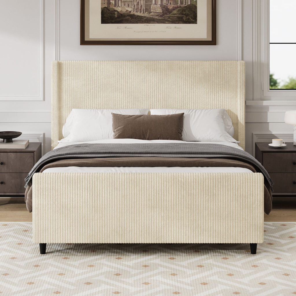 Corduroy Upholstered Bed Frame with Vertical Stripe Wingback and High Footboard
