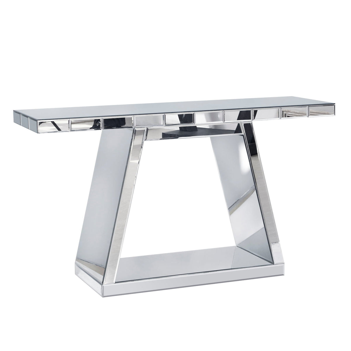 Modern Luxe Full Body Mirror Entryway Table With Trapezoid Base, 360° Reflective Console, Scratch Resistant, Open Storage - Silver