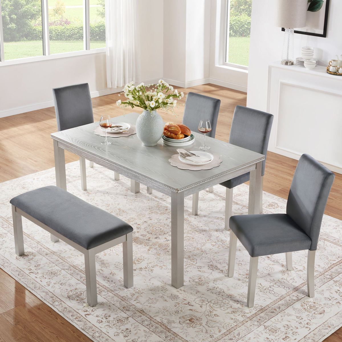 Dining Table Set, Table With A Rectangular Table And Upholstered Chairs