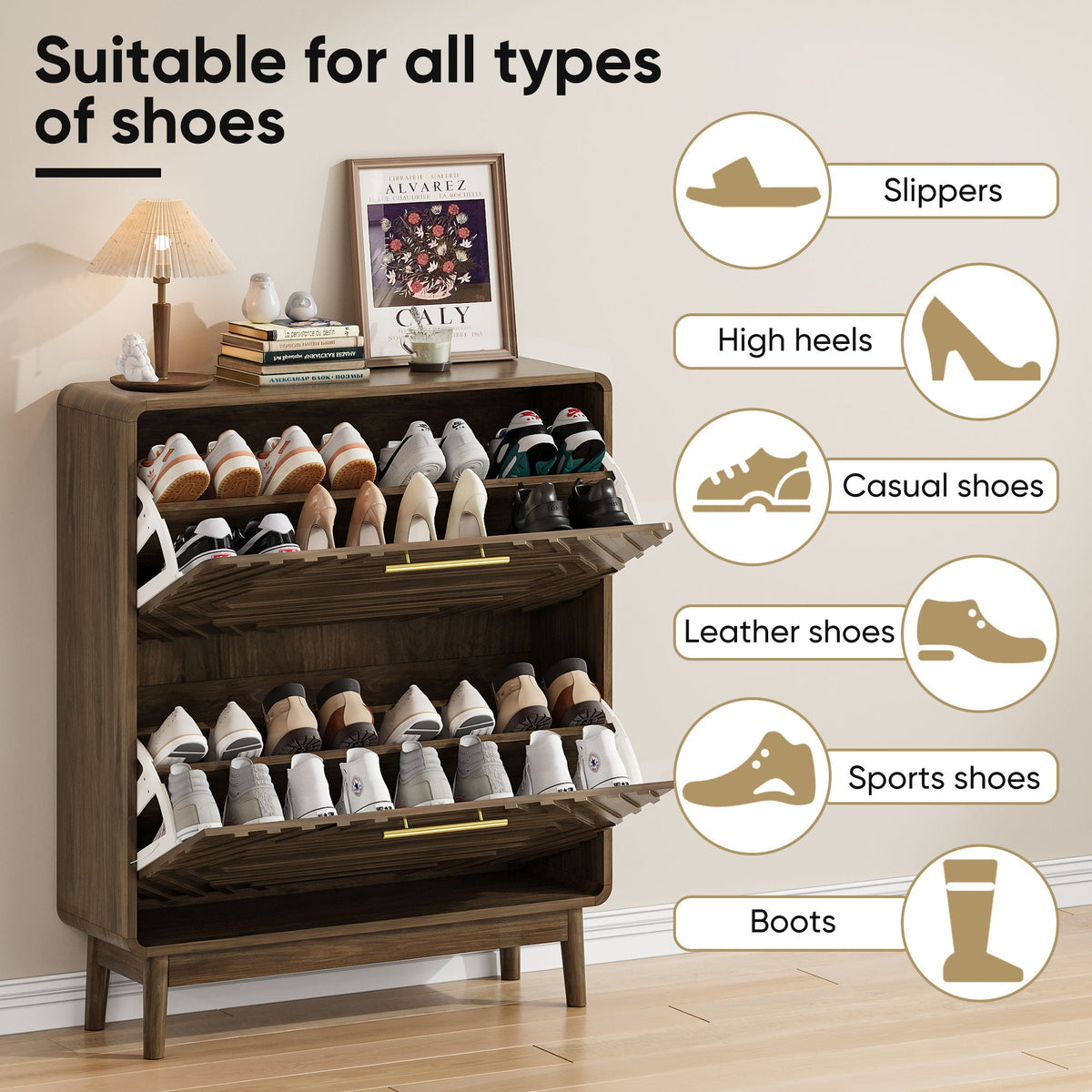 Freestanding Shoe Cabinet With 2 Flip Top Drawers For Entryway - Walnut