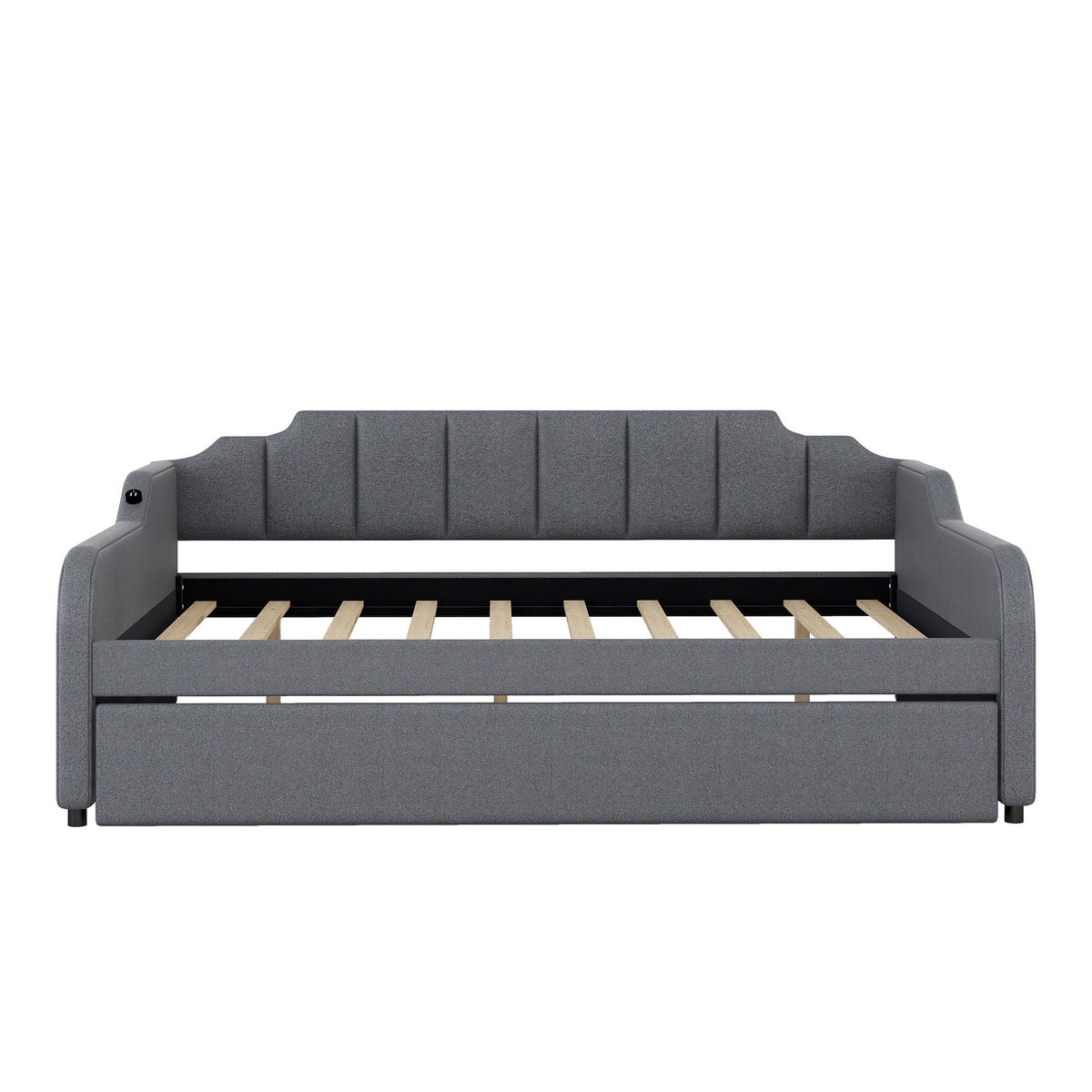 Full Size Upholstered Daybed With Trundle And USB Charging - Gray