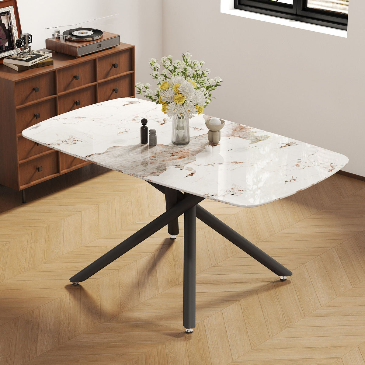 Luxurious Marble Patterned Dining Table With Metal Fork Legs