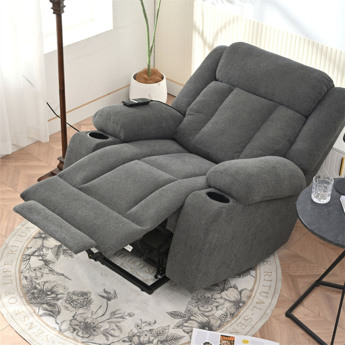 Power Lift Recliner Chair With Extended Footrest, Remote Control, Cup Holders, And Side Pockets