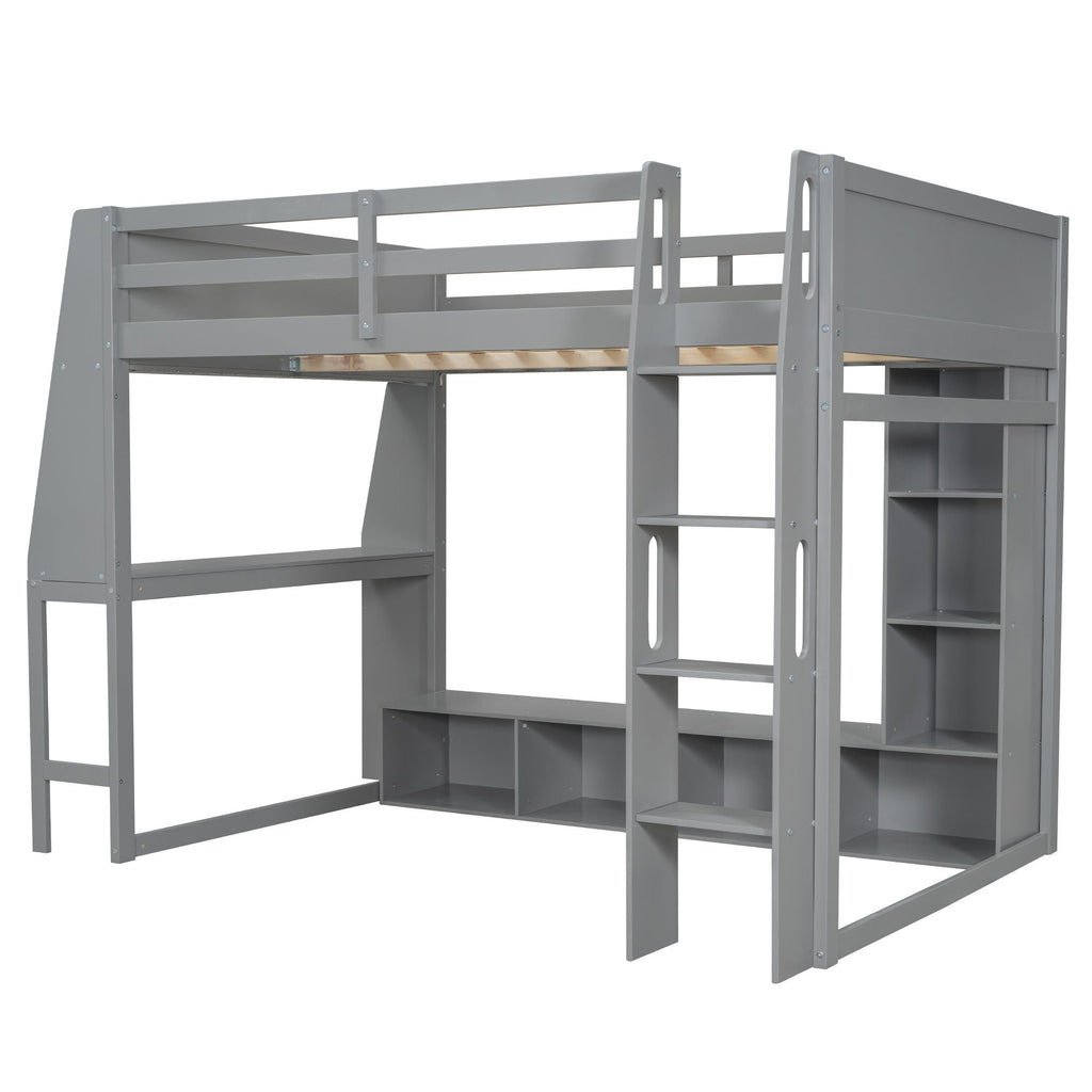 Gaming Loft Bed With Desk, Multi Storage Shelves, LED Lighting, And Hanging Clothes Rack