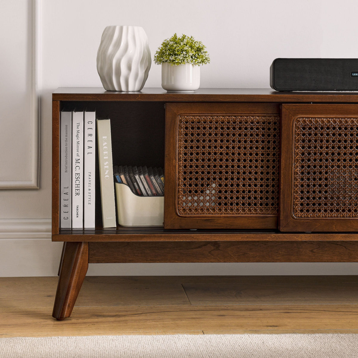 59 Inch Mid Century Modern Rattan TV Stand for 65 Inch TV