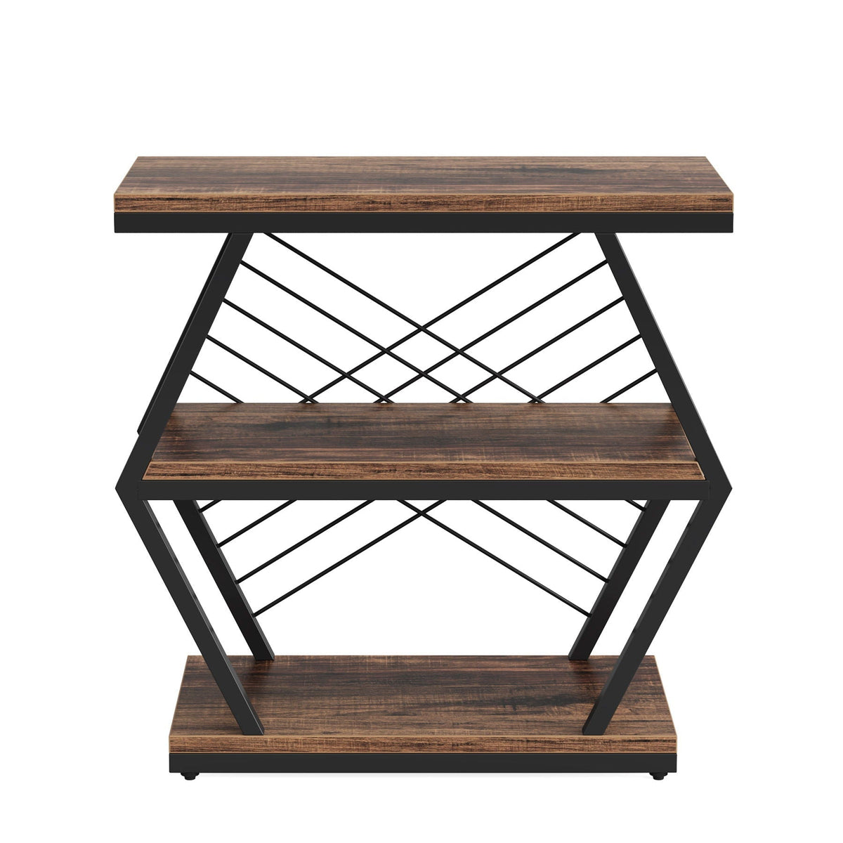 3 Tier End Table Frame With Geometric Design For Living Bedroom - Rustic Brown