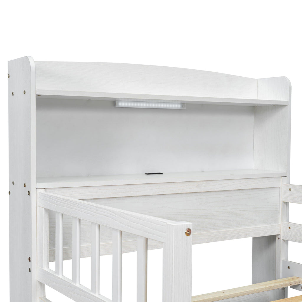 Platform Bed With LED Light, Multi Functional Headboard, Guardrail And 2 Drawers