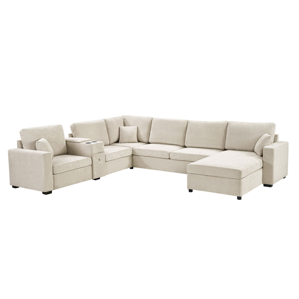 Modular 5 Seat U-Shape Sectional Sofa With Chaise Lounge, Built In Cup Holders And Storage Drawer