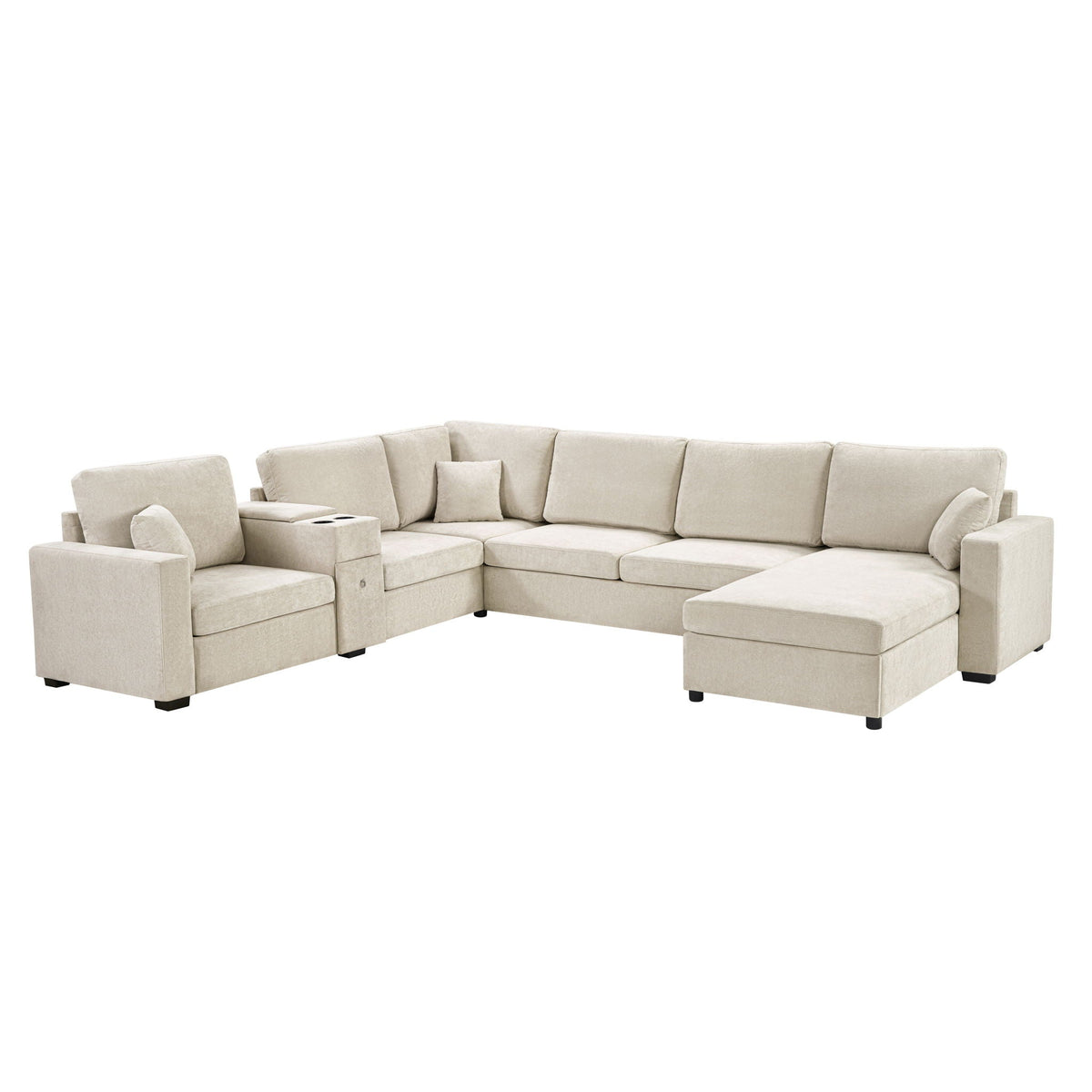 Modular 5 Seat U-Shape Sectional Sofa With Chaise Lounge, Built In Cup Holders And Storage Drawer