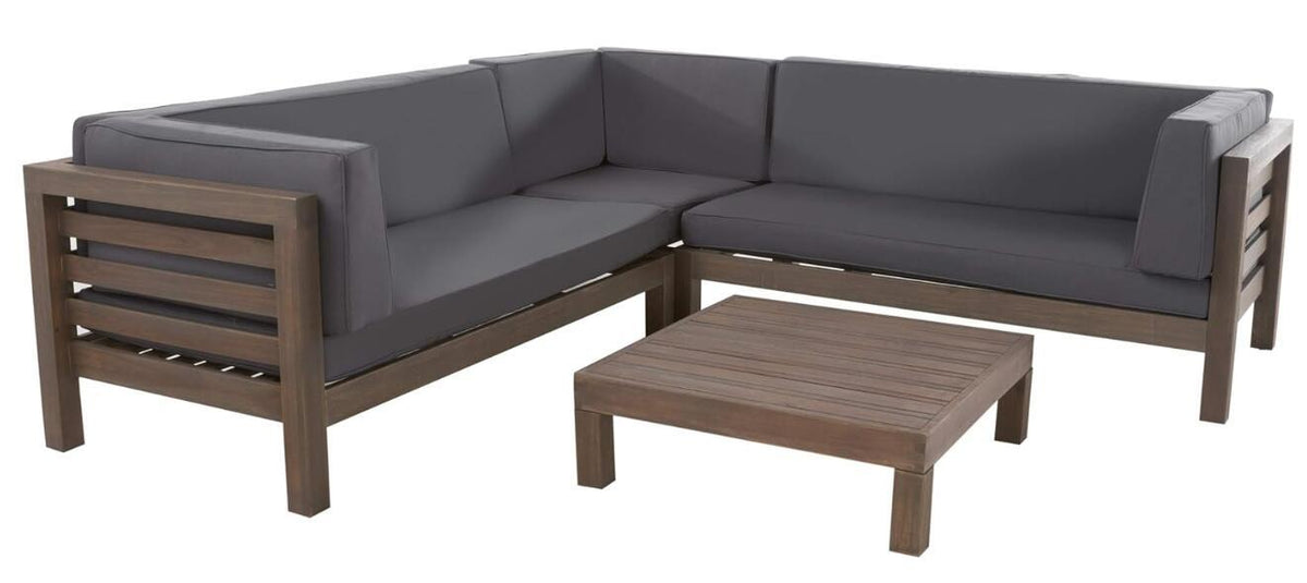 Oana Outdoor Wooden Sectional Set with Cushions, Dark Grey