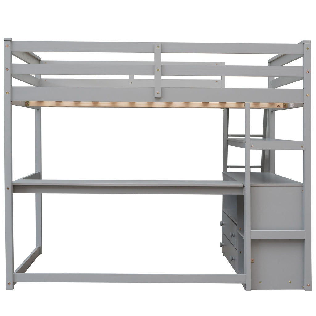 Modern Loft Bed With Built In Desk, Shelves, And 2 Drawers