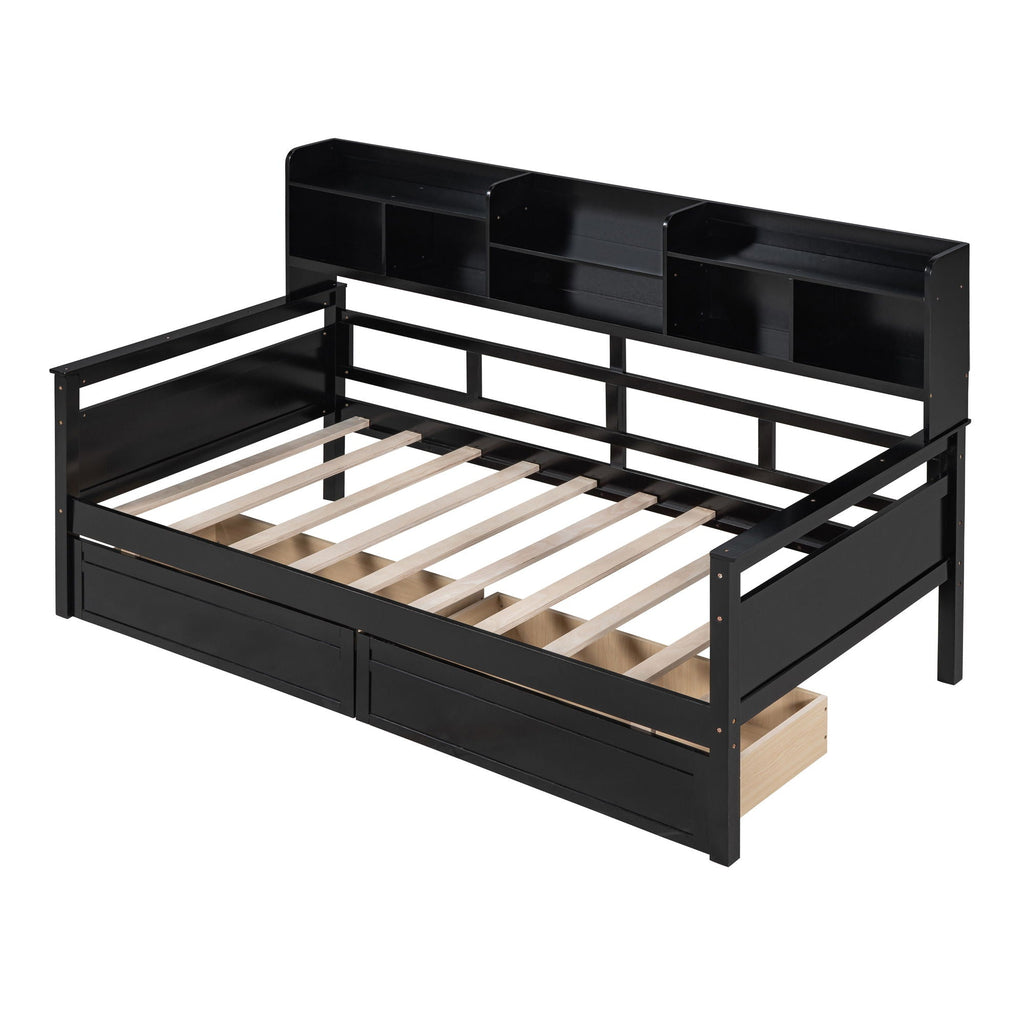 Daybed, Slat Support, With Bedside Shelves And 2 Drawers