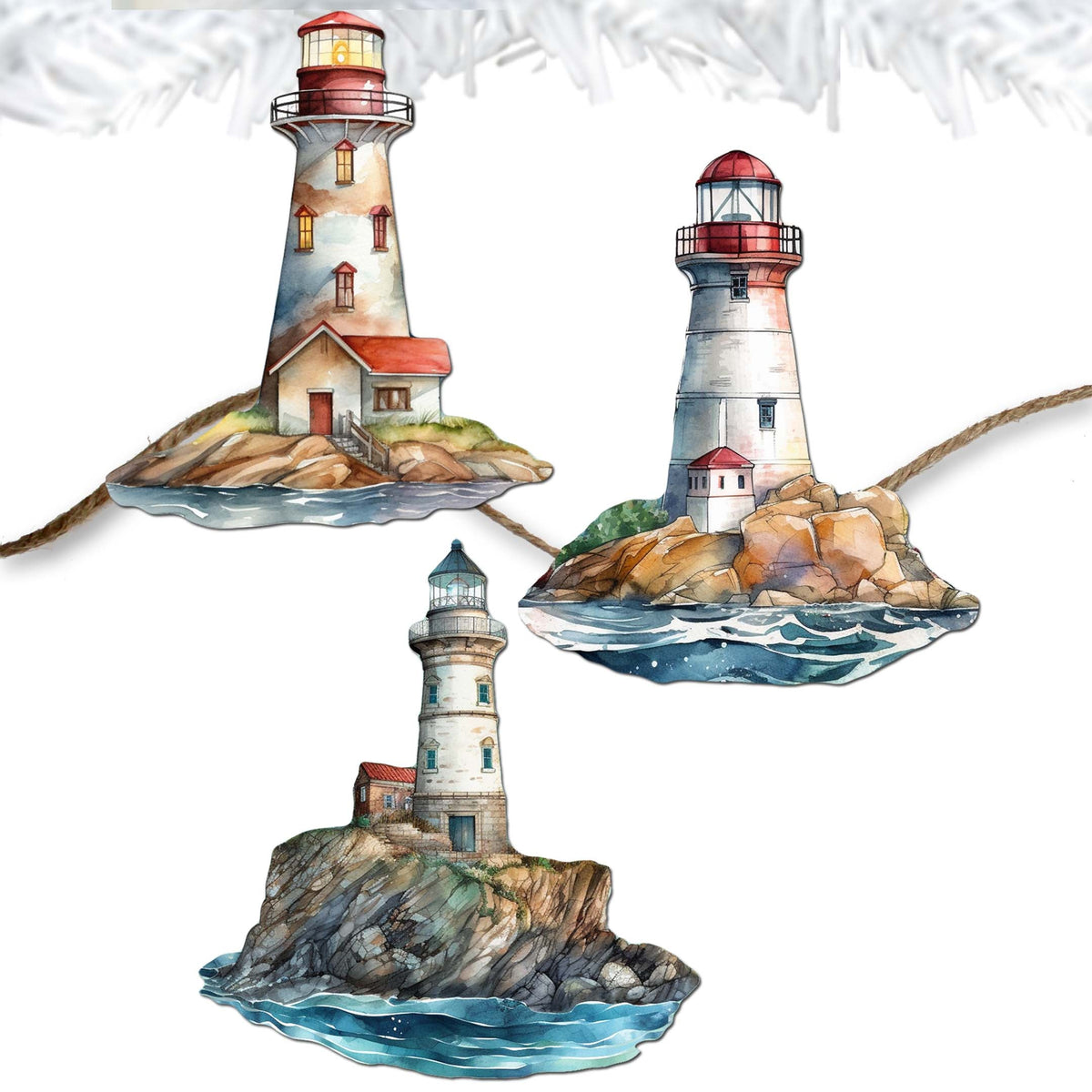 Lighthouse Clip-On Eco Wood Decorative Ornaments Set of 3 by G. Debrekht - Coastal Decor - 8091022C-S3
