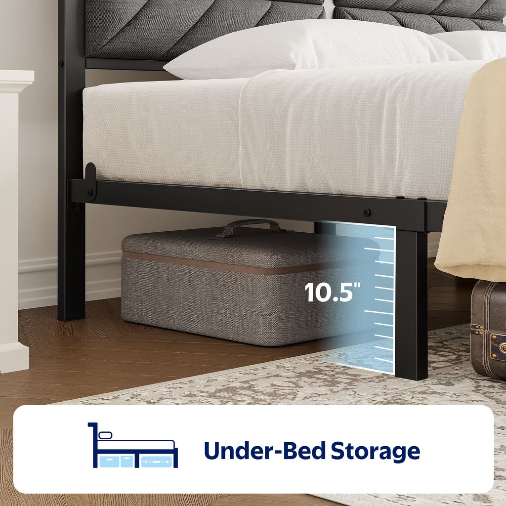 Full LED Bed Frame with Headboard Storage - Charging Station, Dark Gray