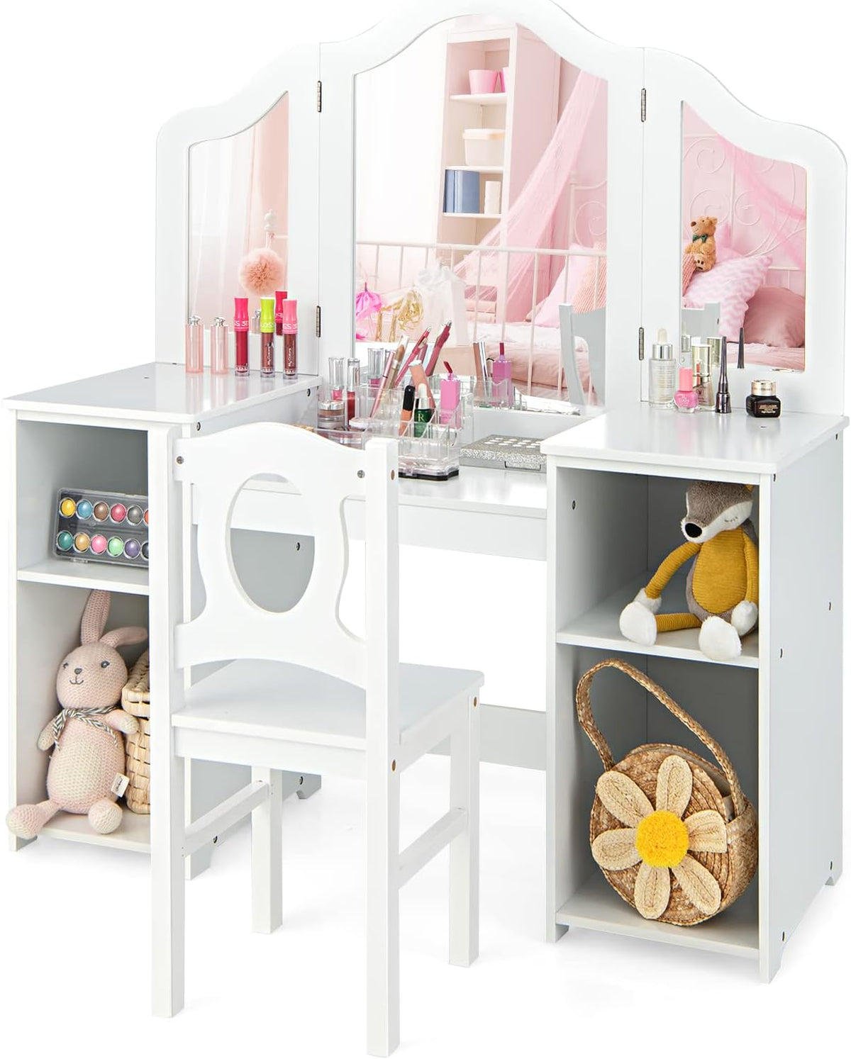 Kids Vanity, 2 in 1 Princess Makeup Desk & Chair Set with Tri-Folding Detachable Mirror, Large Storage Shelves, Wooden Pretend Play Dressing Table for Girls