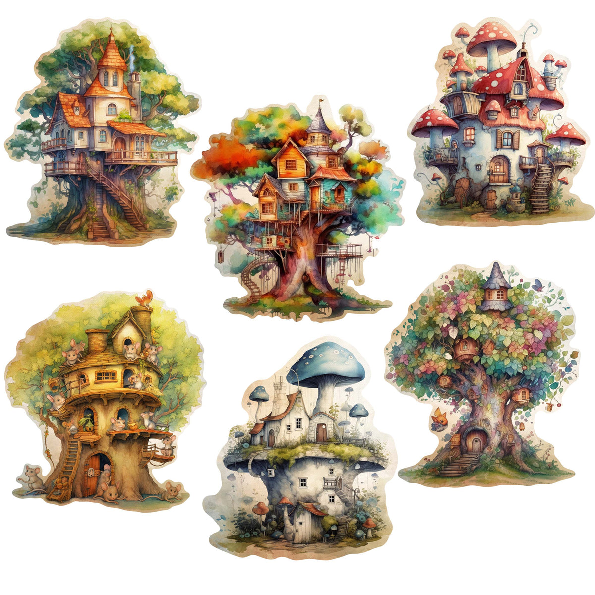 Tree House Decorative Eco Wood Magnets Set of 6 by G. Debrekht - Easter Spring Decor - 8090026G-S6