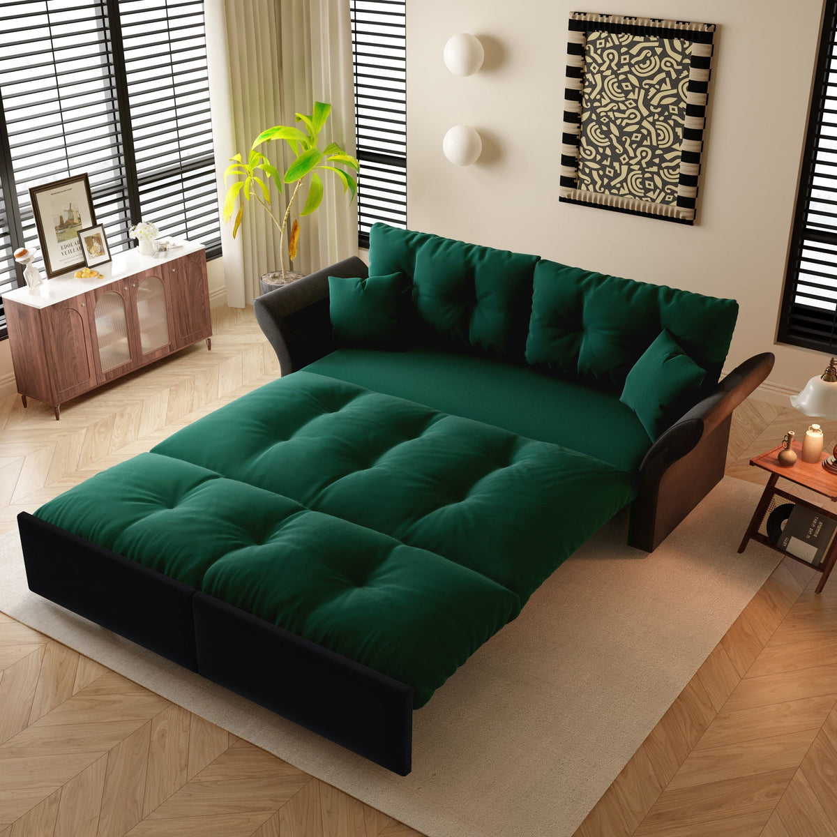 Queen Pull Out Sofa Bed, 3 In 1 Convertible Sleeper Tufted Sofa With 2 Soft Pillows