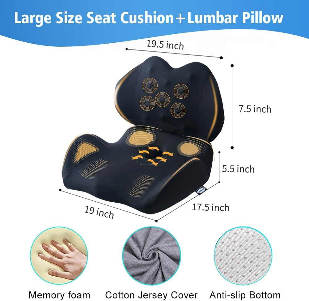 X Large Memory Foam Seat Cushion Lumbar Support Pillow for Sciatica & Tailbone Pressure Relief Coccyx Pad for Office Chair, Car,Wheelchair,Home,Office