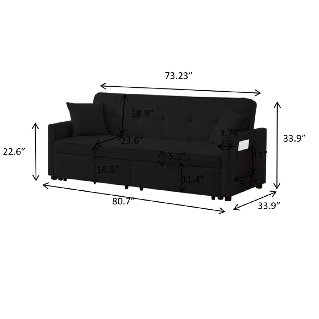 3 In 1 Convertible Sleeper Sofa Bed, Reclining Backrest, Pillows, Pockets