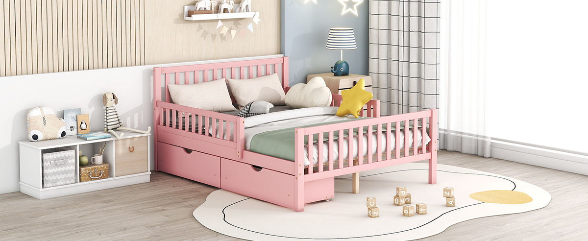 Platform Bed With Guardrails On Both Sides And 2 Storage Drawers