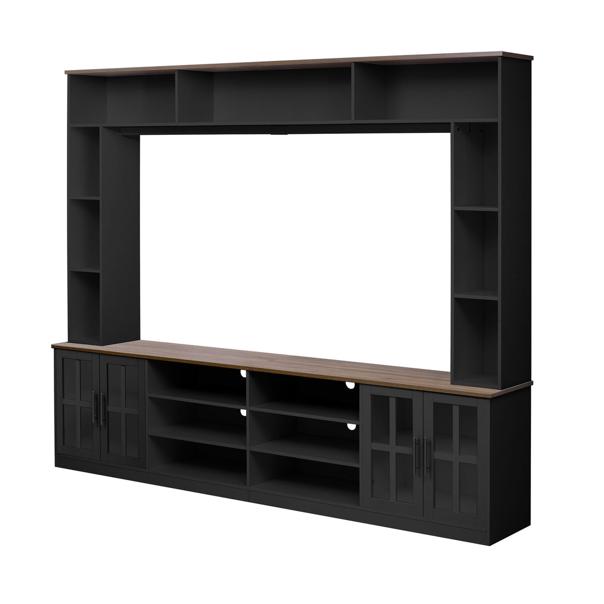 Wall Unit Entertainment Center With Bookshelves For TVs Up To 80", Tempered Glass Doors And Adjustable Shelves