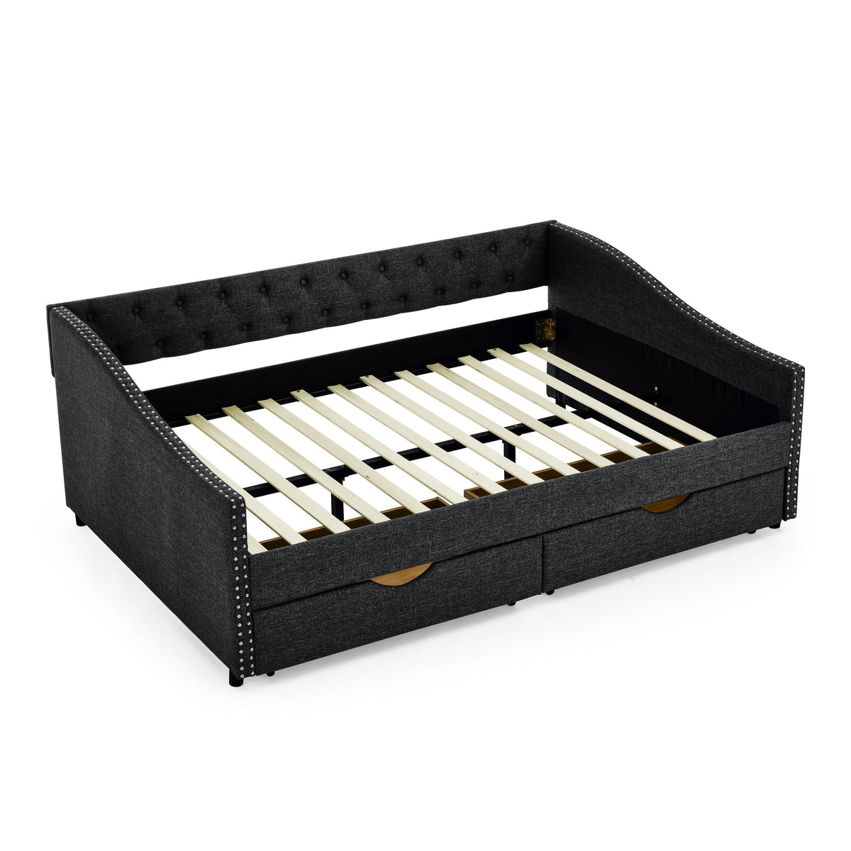 Upholstered Tufted Daybed With 2 Drawers, Waved Arms