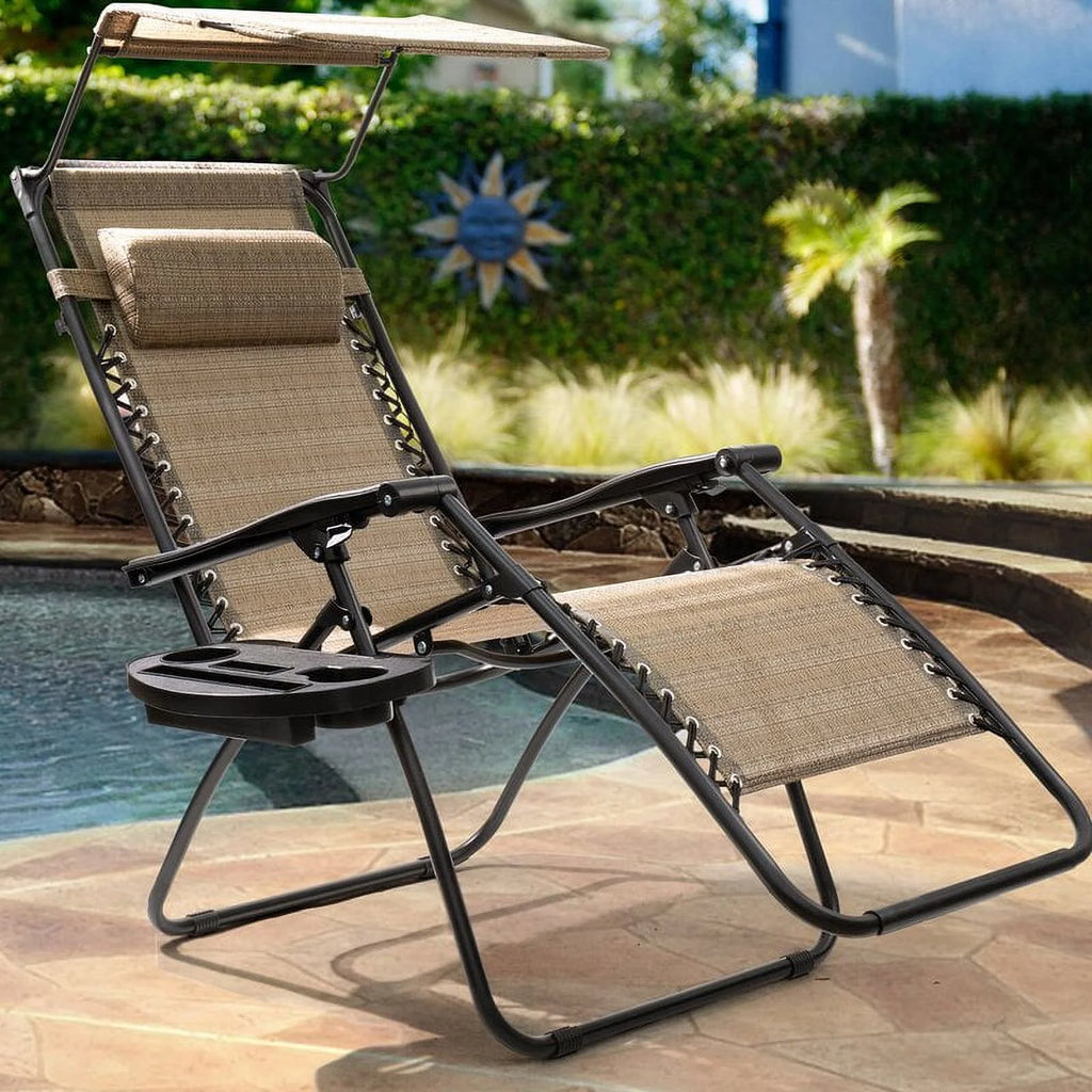 Zero Gravity Chair Outdoor Folding Recliner Lounge Chair with Attachable Sunshade Canopy and Holder,Black