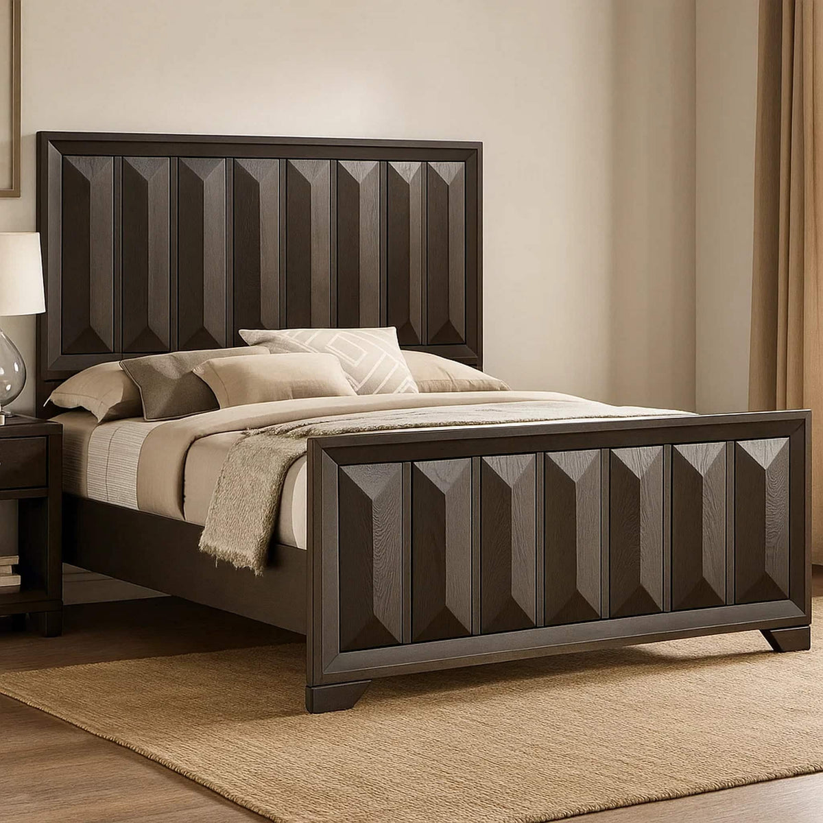 3 Piece Bedroom Set With Faceted Panels Bed And 2 Nightstands