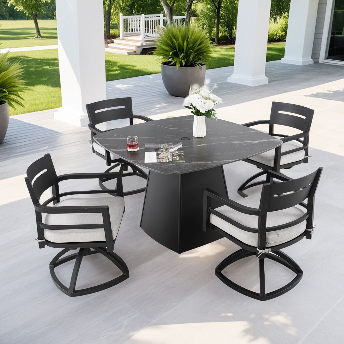 Outdoor Patio Dining Set, Squircle Dining Table, Dining Chairs With Sunbrella Cushions
