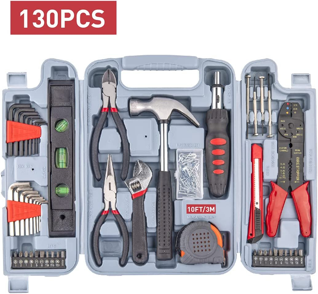 Decare 130-Piece Kitchen Drawer Home Tool Kit, Home Repair Tool Set with Portable Toolbox Storage Case