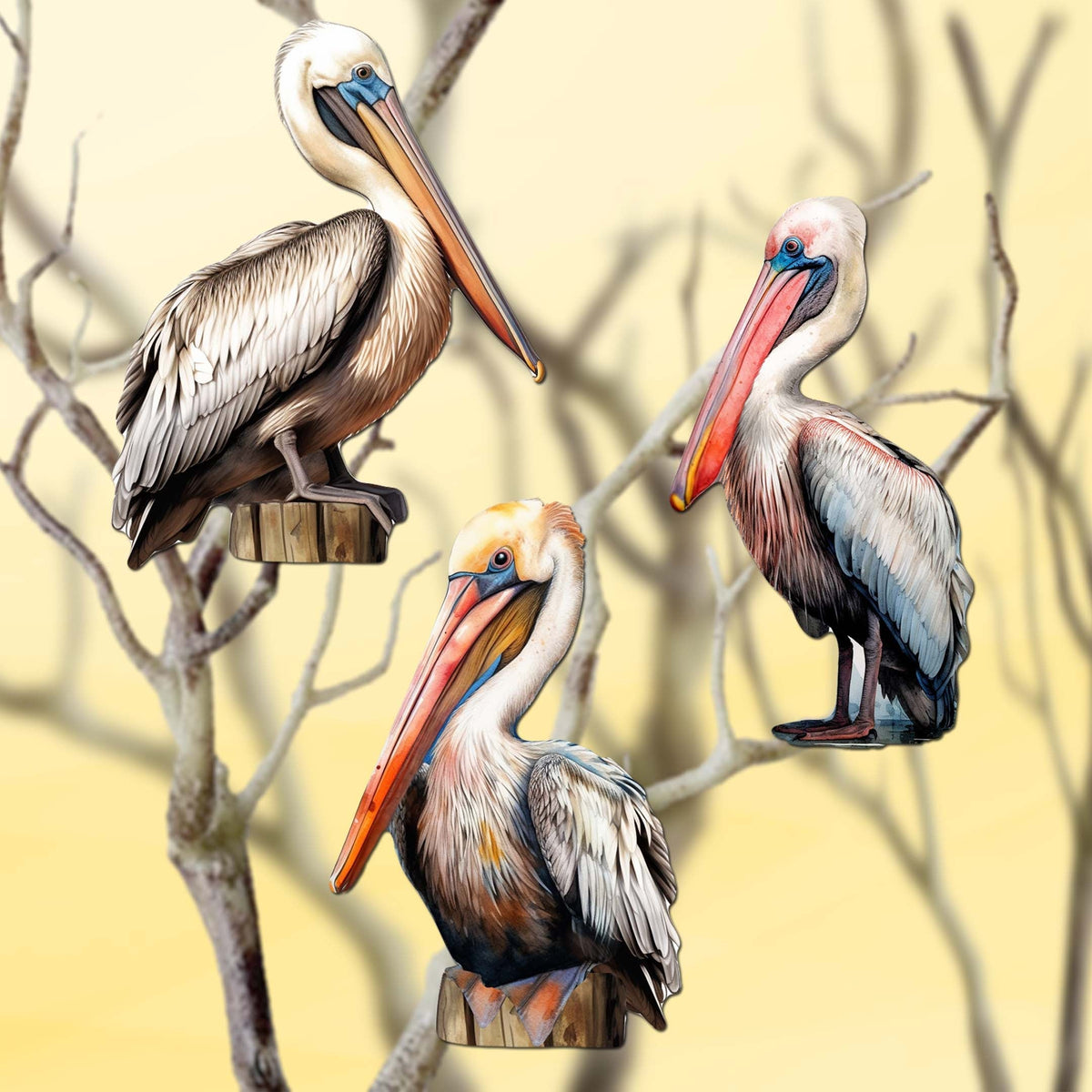 Pelicans Clip-On Eco Wood Decorative Ornaments Set of 3 by G. Debrekht - Christmas Decor - 8091014C-S3