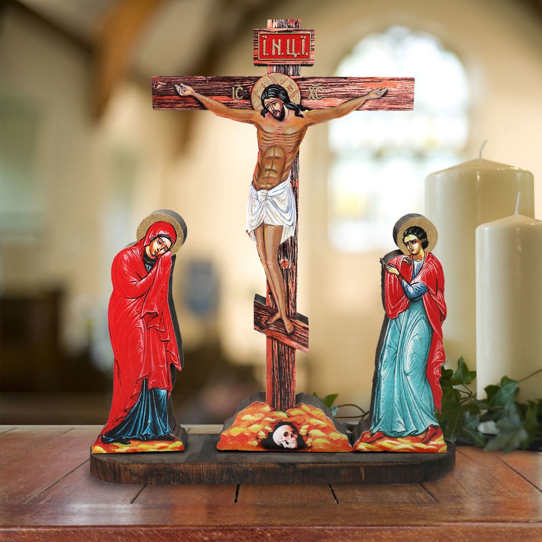 Golgotha Crucifixion Tableau with Wooden Cross - Inspirational Icon Decor - 88159