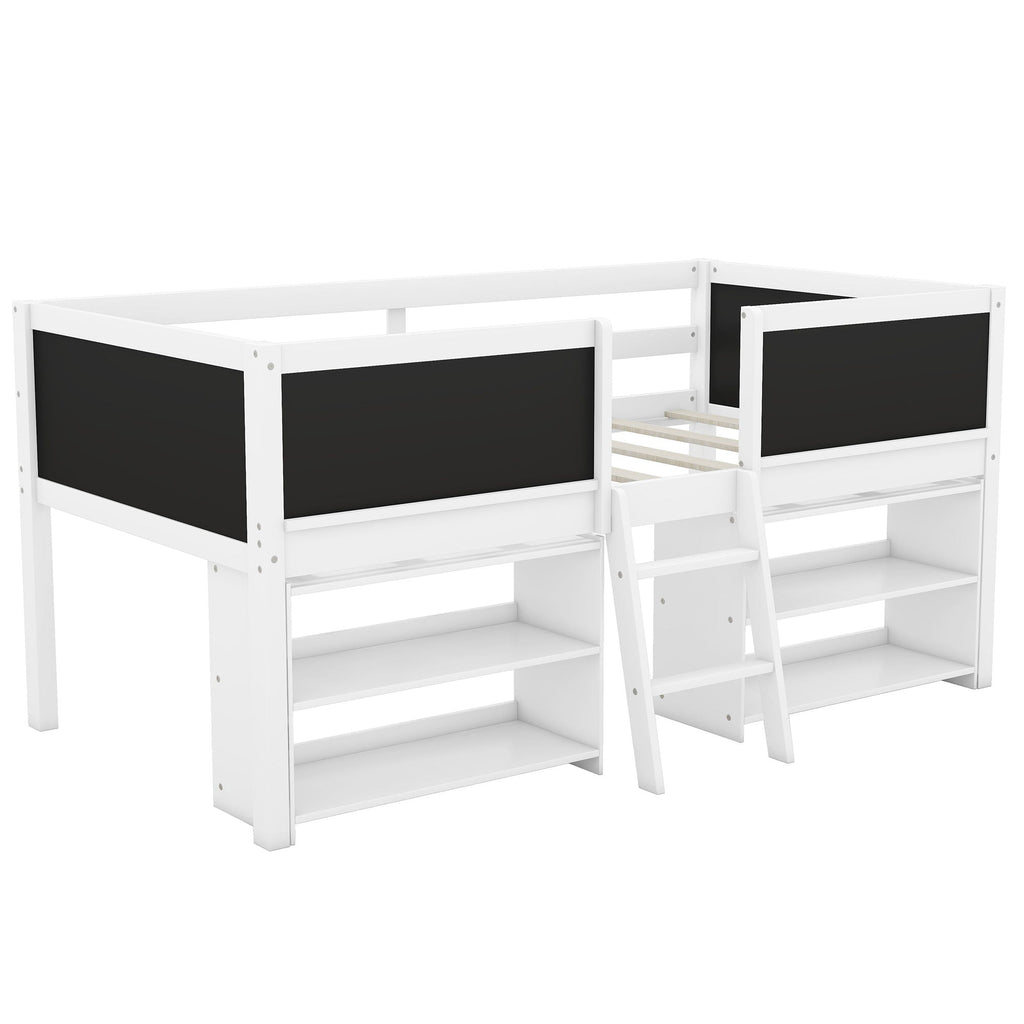 Low Loft Bed With Movable Shelves And Ladder, Decorative Chalkboard Guardrail