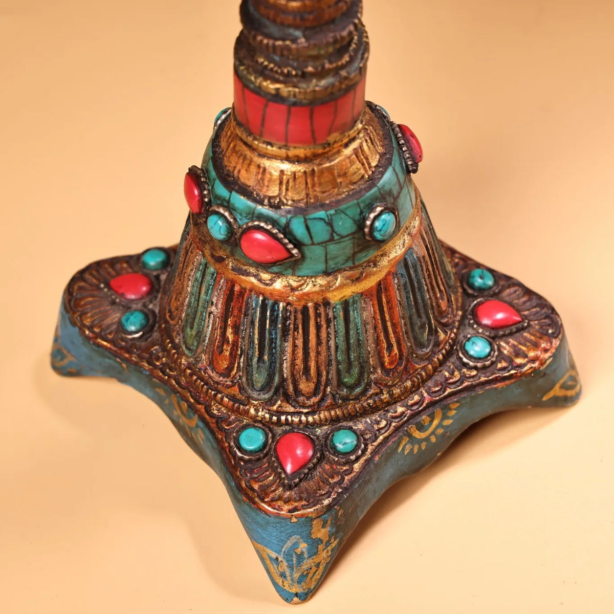 13" Tibetan Temple Bronze Outline in Gold Mosaic Gem Turquoise Buddha Bird Statue Hanging Oil Lamp Lotus Candlestick