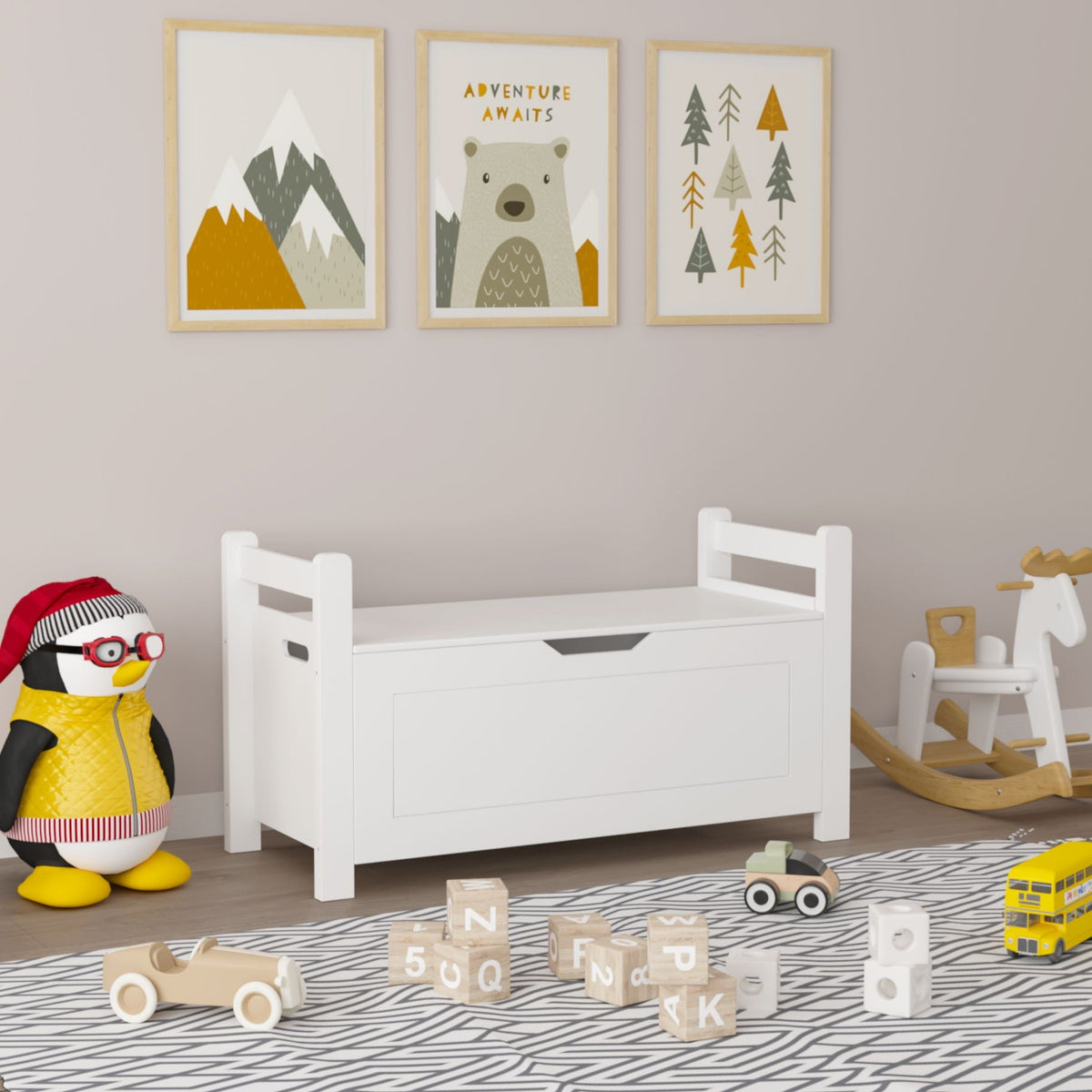 Toy Box Chest Storage Trunk with Flip Top Lid and Safety Hinge - White