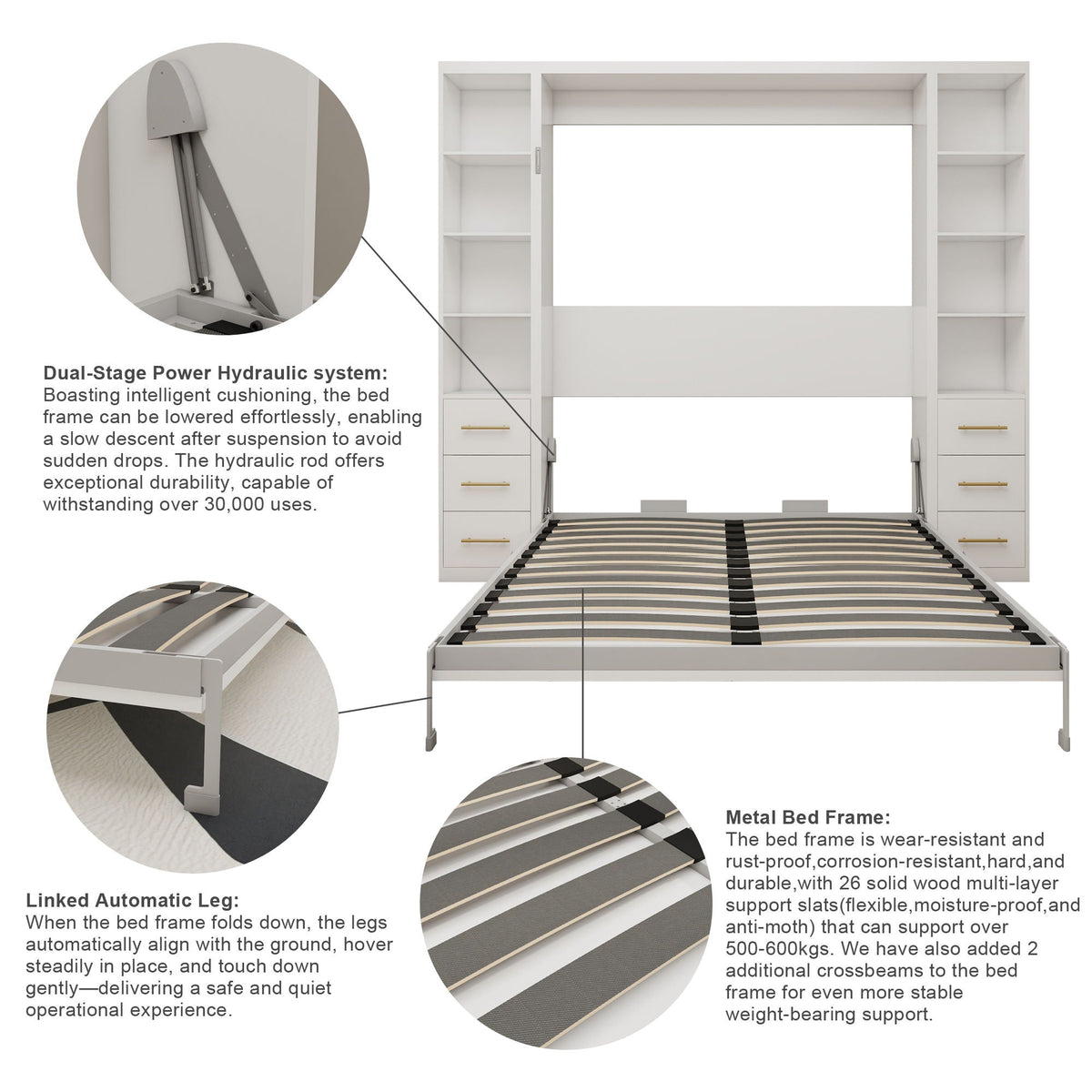 Queen Size Murphy Wall Bed With Side Storage Cabinets - White