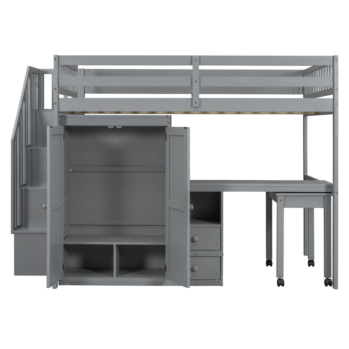 Loft Bed With Stairs, Bookshelf, Drawers, Desk & Wardrobe, Space Saving Multifunctional Furniture
