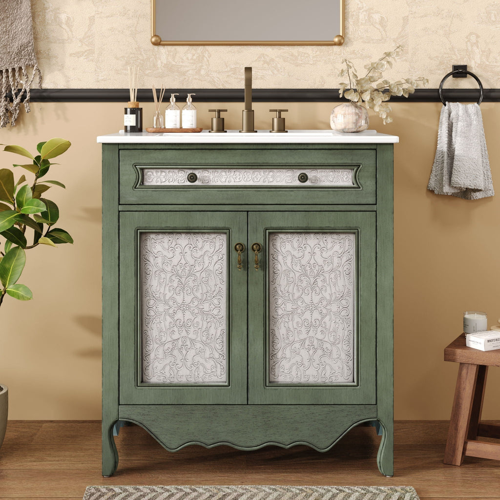 Bathroom Vanity With Rectangle Sink And Tip Out Tray - Antique Blue Green