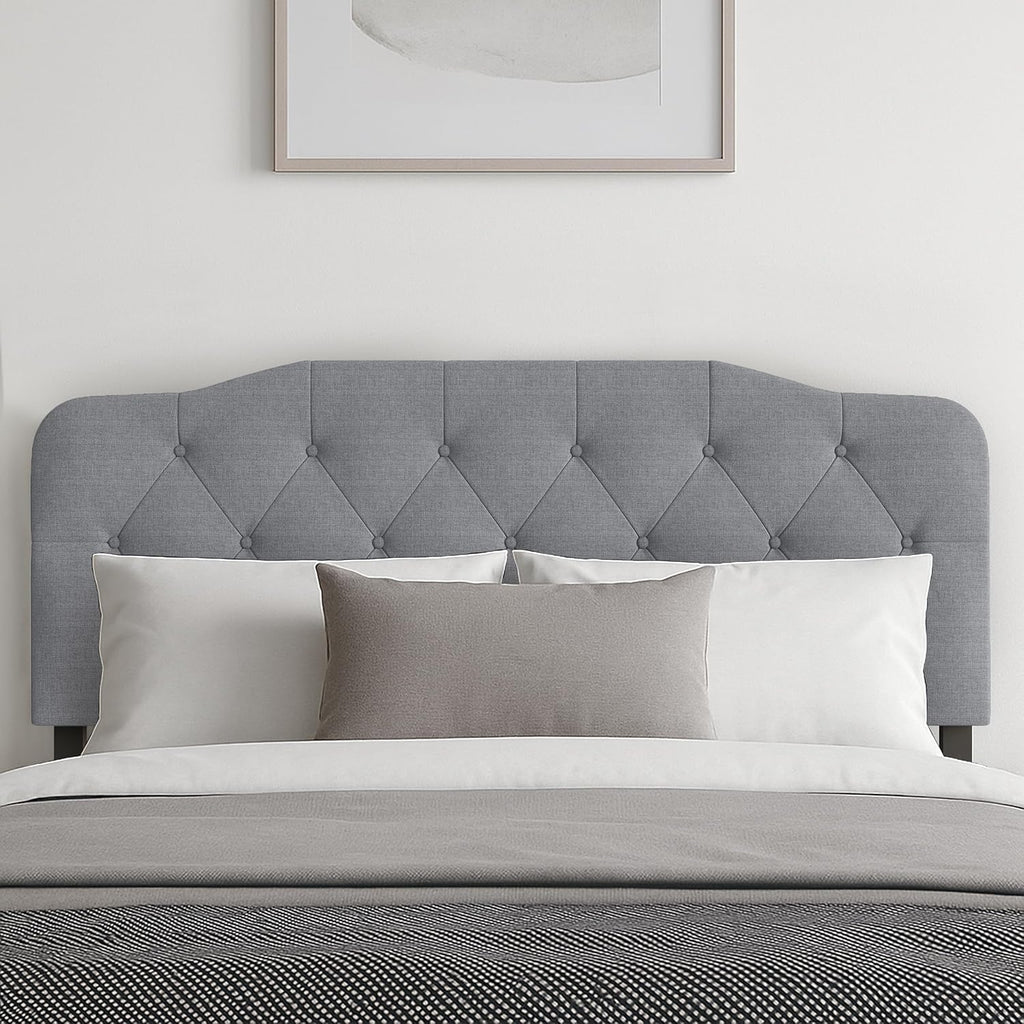Angela Full Size Button-Tufted Upholstered Headboard, Adjustable Height, Foam Padding, Easy Assembly, Gray