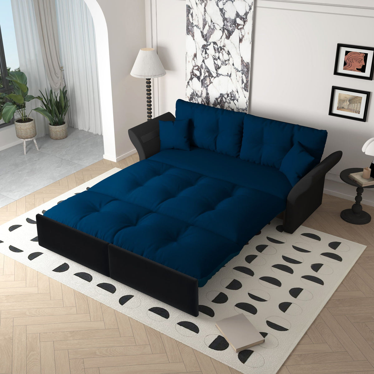 Queen Pull Out, 3 In 1 Convertible Sleeper Tufted Sofa & 2 Soft Pillows